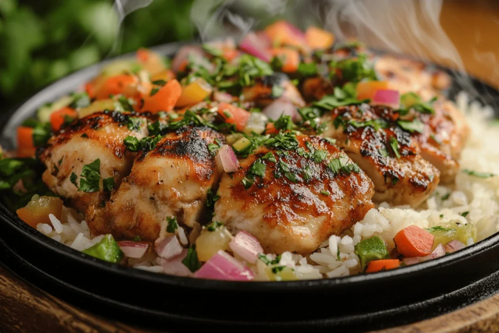 A delicious plate of steaming chicken and rice with fresh herbs, spices, and colorful vegetables, emphasizing freshness and flavor and highlighting key aspects of what can I add to chicken and rice for flavor.