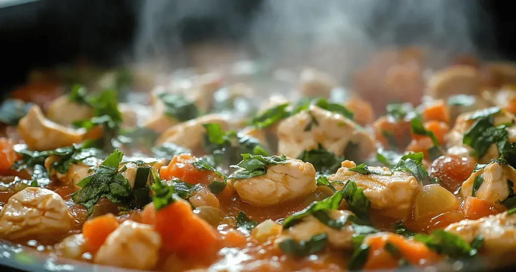 Close-up of a vibrant 10 minute Italian chicken stir fry cooking in a skillet, with steam rising and fresh basil garnish.