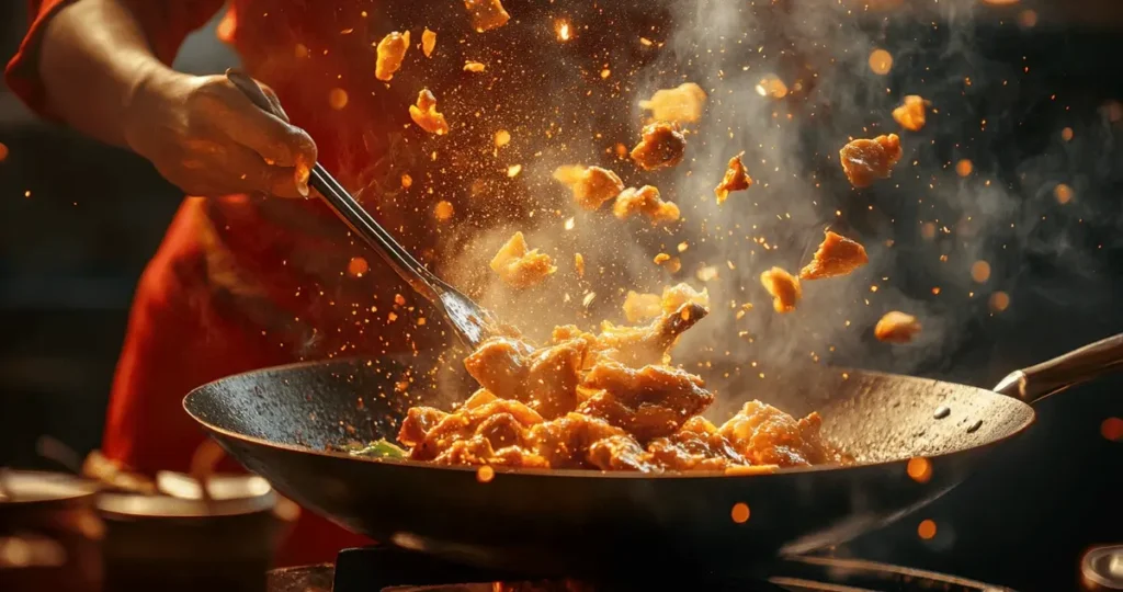 Image of a professional cook stir frying chicken in a hot wok with vegetables, showing the dynamic action needed to how to stir fry chicken so it's tender.