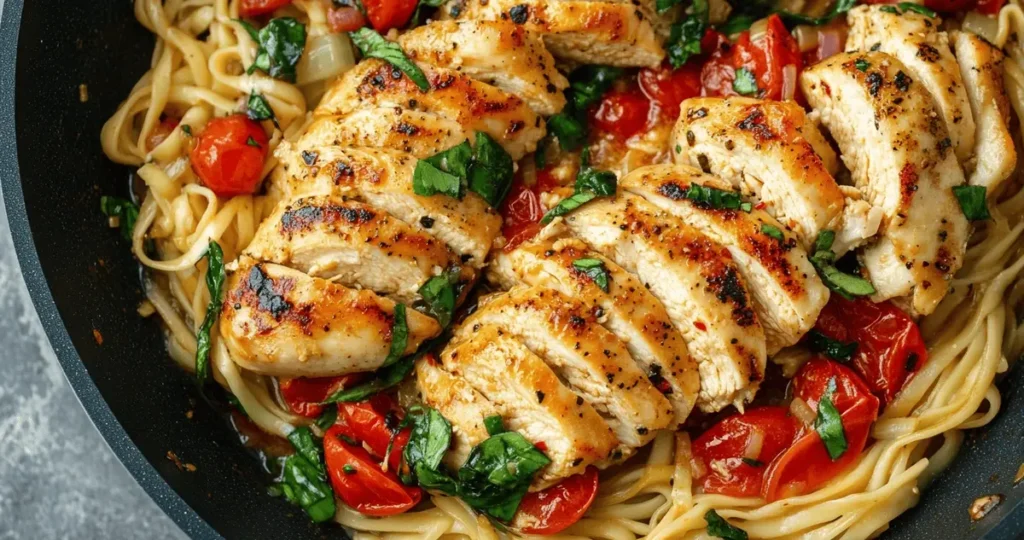 Action shot of ingredients being stirred in a pan during the preparation of a 10 minute Italian chicken stir fry, with dynamic lighting and vibrant colors.