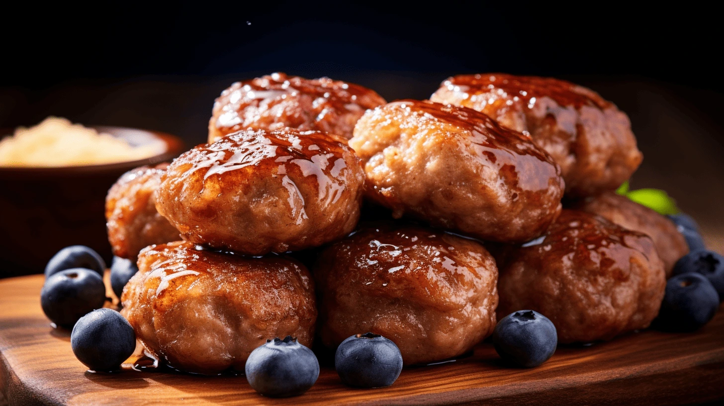 A stack of golden-brown pancake sausage balls, some cut open, with maple syrup and fresh blueberries on a wooden board.