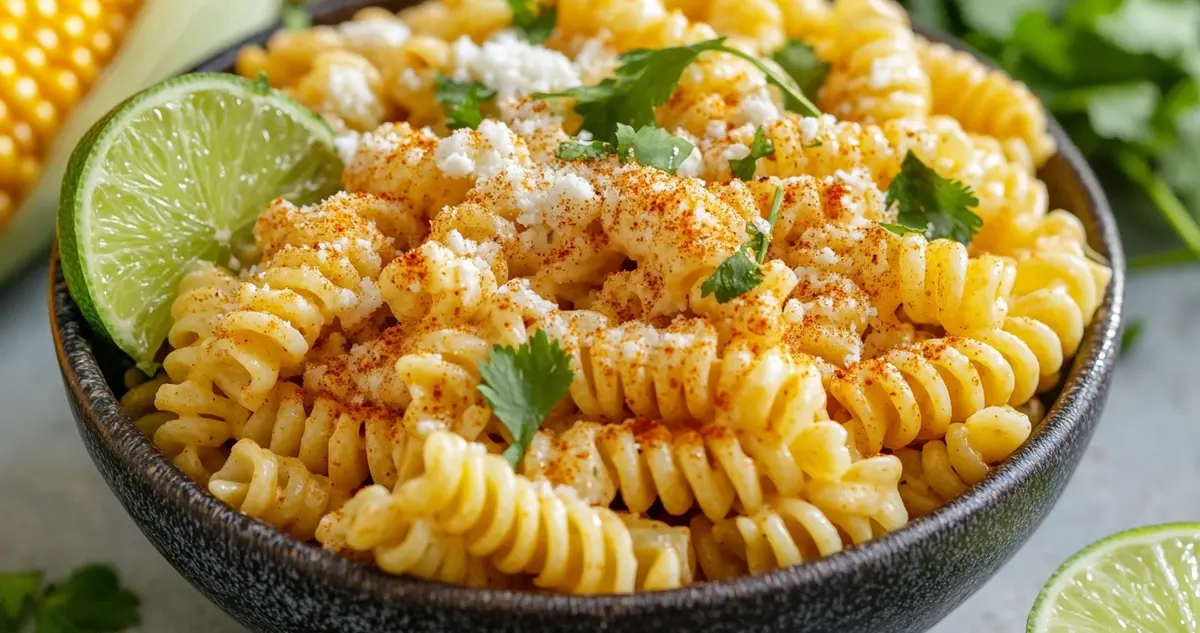 A vibrant bowl of elote pasta salad with creamy dressing, charred corn, cotija cheese, and cilantro, garnished with chili powder and lime wedges, showcasing its rich and fresh ingredients.