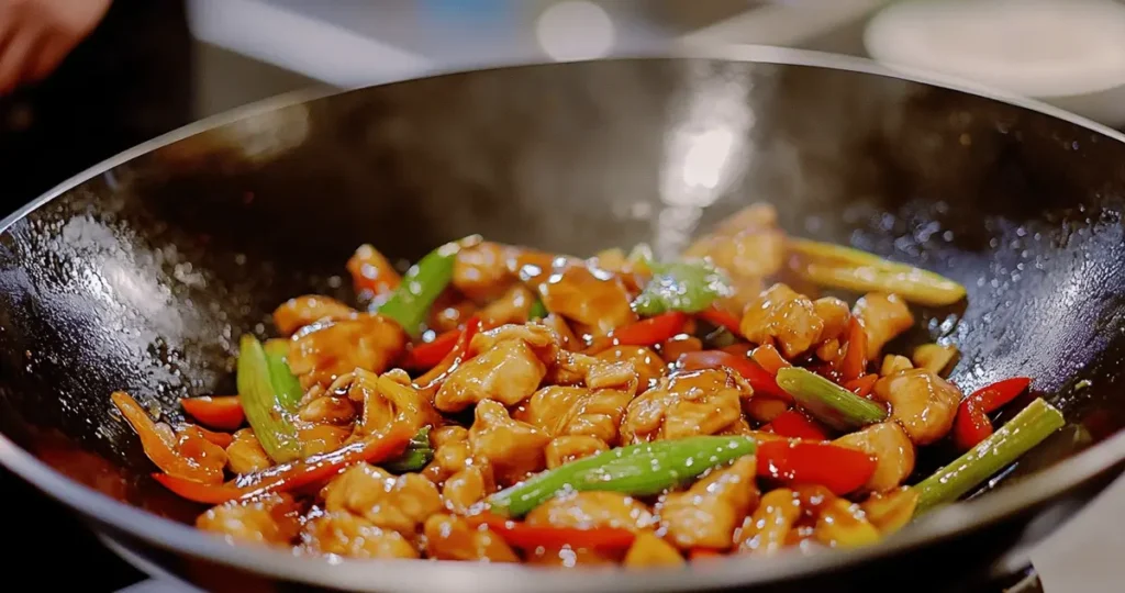 High angle shot of tender stir fry chicken and vegetables, showing how to stir fry chicken so it's tender with a glossy sauce.