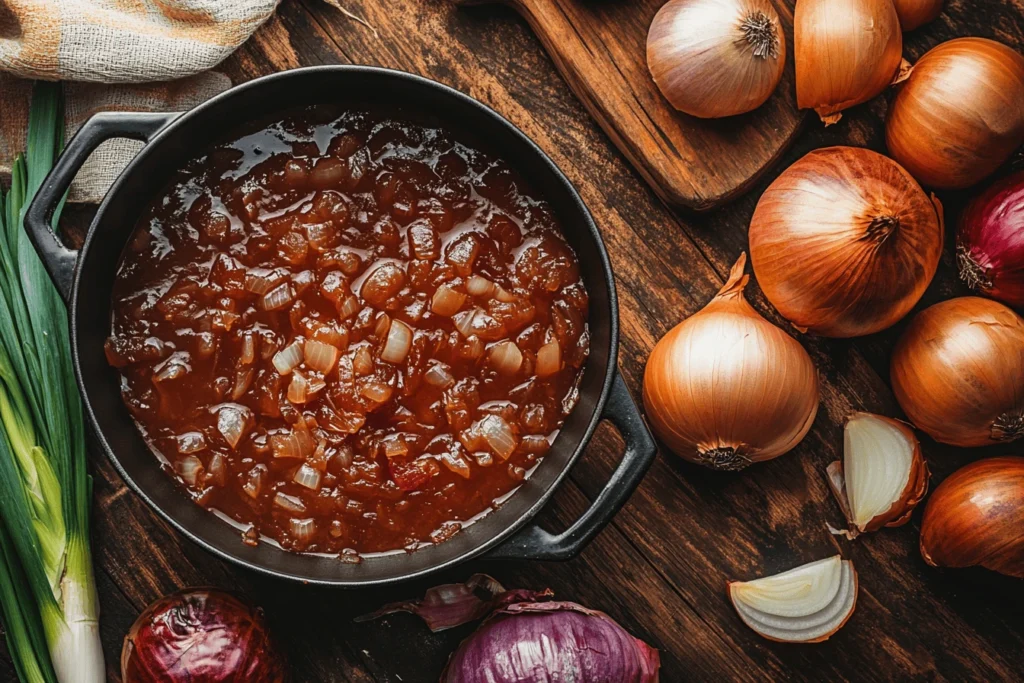 Overhead view of the difference between onion and French onion during cooking, showing the slow caramelization process.