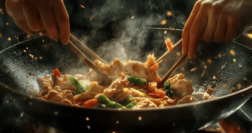 Action shot showing hands tossing ingredients in a hot wok while stir-frying chicken and vegetables, highlighting the motion and heat that come with the question, do you stir fry chicken or vegetables first?