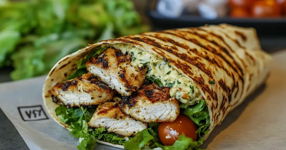 A crispy chicken Caesar wrap filled with grilled chicken, lettuce, and homemade dressing, tightly sealed with hummus or guacamole, and placed on a clean surface with fresh ingredients like croutons and tomatoes in the background, illustrating tips to avoid sogginess.