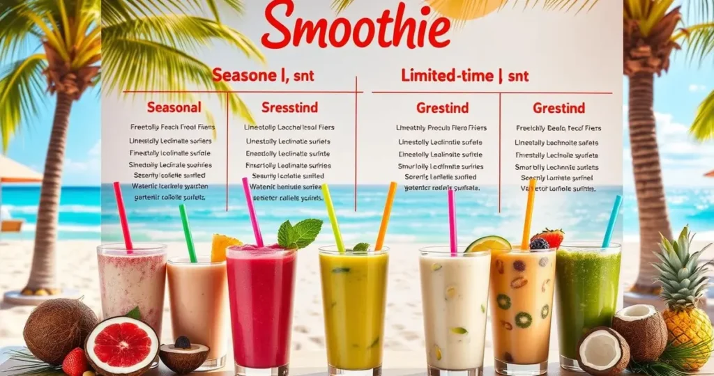 A vibrant, tropical smoothie menu featuring various seasonal and limited-time smoothies, displayed against a cheerful beach backdrop. Each smoothie is in a clear cup with a colorful straw, showcasing fresh ingredients like fruits, greens, and nuts. The setting includes palm trees, sunshine, and tropical decorations like coconuts and pineapples, creating an inviting atmosphere that highlights healthiness and freshness.