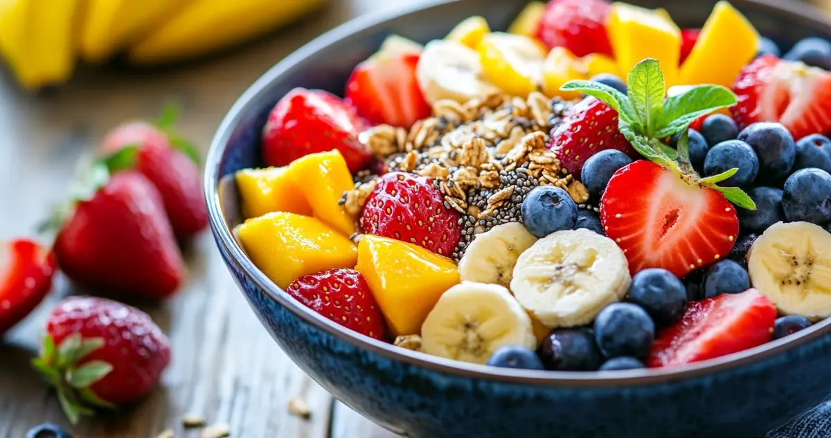 A delicious acai bowl topped with fresh fruits, granola, chia seeds, and honey, symbolizing the vibrant and healthy nature of acai bowls.