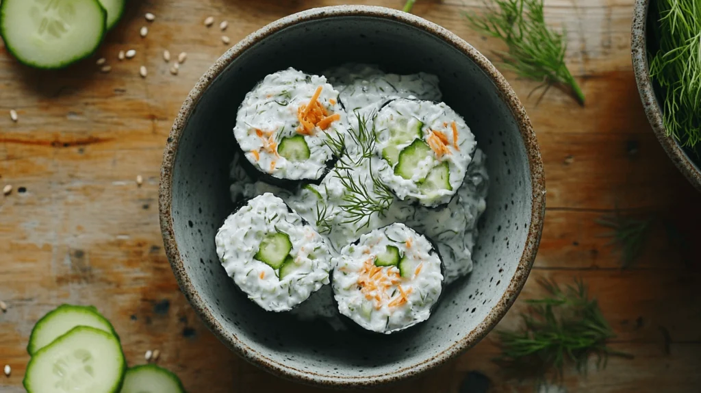 Overhead view of fresh homemade tzatziki with cucumber and dill, asking the question: is tzatziki good for a diet?