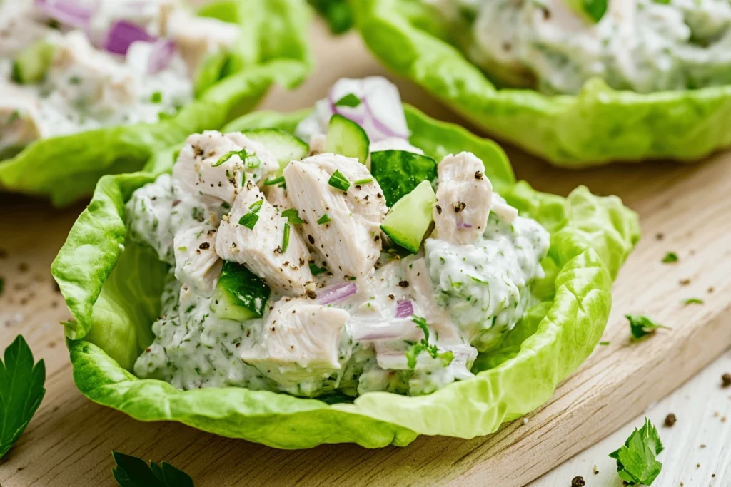 Close-up shot of tzatziki chicken salad served in a fresh lettuce cup on a light wooden surface, with herbs scattered around. Tzatziki Chicken Salad Lettuce Cup.