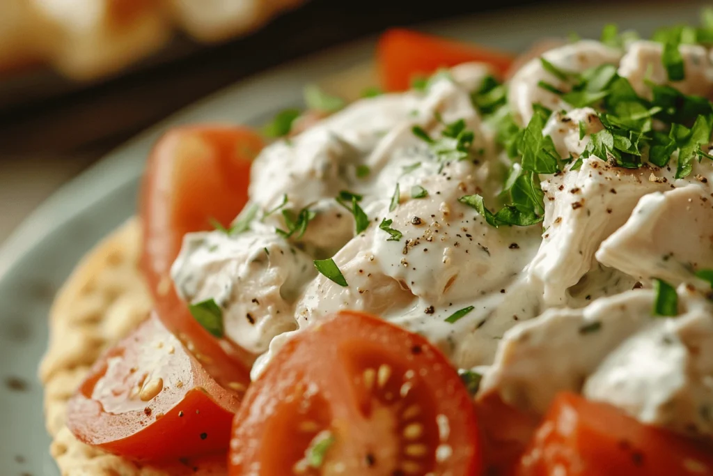 Tzatziki chicken salad served on a cracker with a sliced tomato, against a blurred background. Tzatziki Chicken Salad on a Cracker.