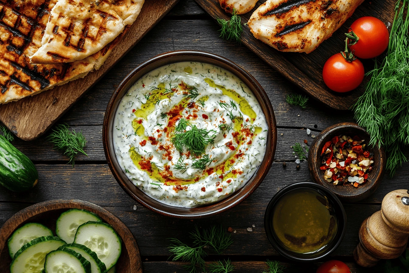 A delicious bowl of tzatziki sauce surrounded by various foods showing what is tzatziki sauce good on.