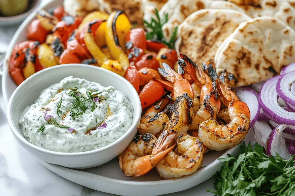 What are 5 amazing dishes that you could put tzatziki on: A spread of pita bread, grilled shrimp and roasted vegetables with tzatziki.