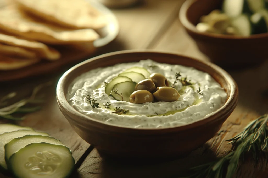 Styled image of tzatziki in a bowl, alongside pita, olives and cucumber slices, with the question if tzatziki good for a diet