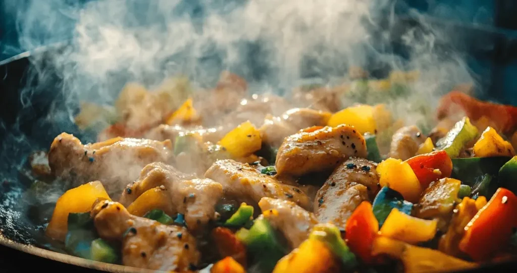 A vibrant close-up shot of chicken stir-fry in a wok, with perfectly cooked chicken pieces and a variety of colorful vegetables, steam rising, bright and natural lighting, shot from a slight overhead angle.