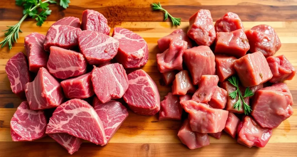 A visual comparison of beef tips and stew meat, featuring two separate sections on a wooden cutting board; on one side, tantalizing chunks of beef tips with a marbled texture and a rich red color, glistening with a light sheen; on the other side, hearty pieces of stew meat, showing a coarser cut with visible connective tissue, surrounded by fresh herbs and spices; natural light illuminating the scene to highlight the difference in texture and presentation.