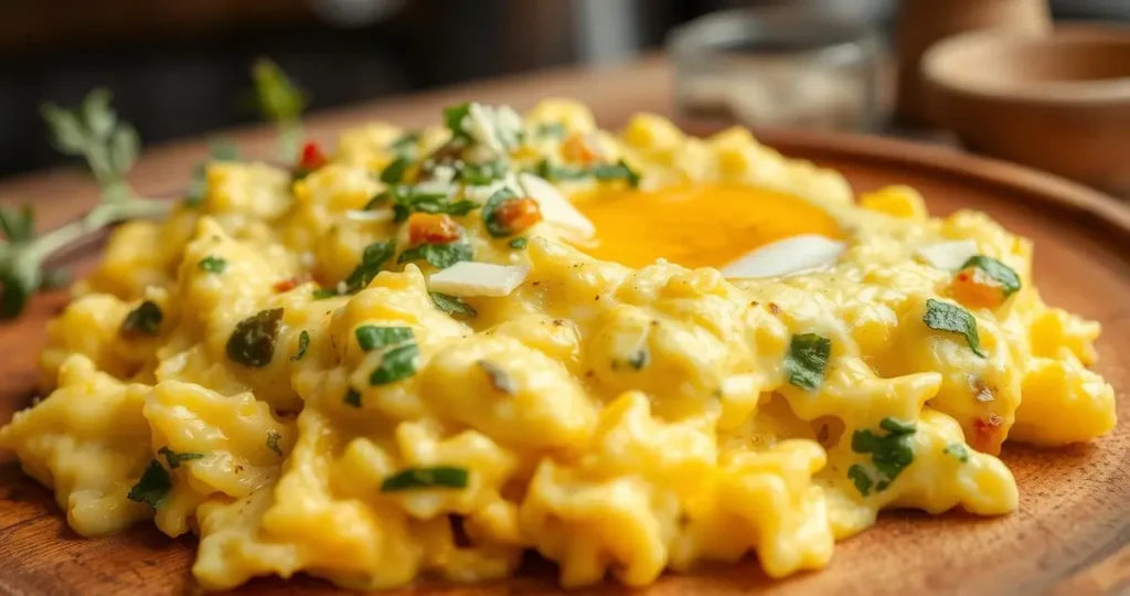 A close-up view of creamy scrambled eggs with a rich, velvety texture, showcasing a blend of vibrant ingredients like fresh herbs, cheese, and a drizzle of truffle oil, served on a rustic wooden plate, with a soft-focus background of a warm kitchen setting.