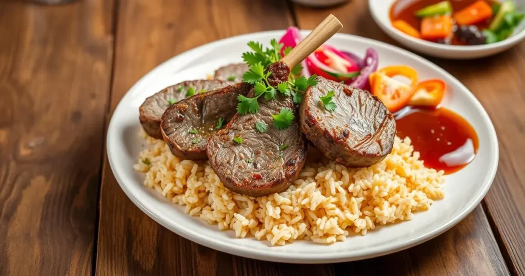 A beautifully arranged plate of lamb over rice, featuring tender slices of spiced roasted lamb on a bed of fluffy, seasoned basmati rice, garnished with chopped parsley and served with a side of vibrant salad and tangy sauce, all set against a rustic wooden table background.