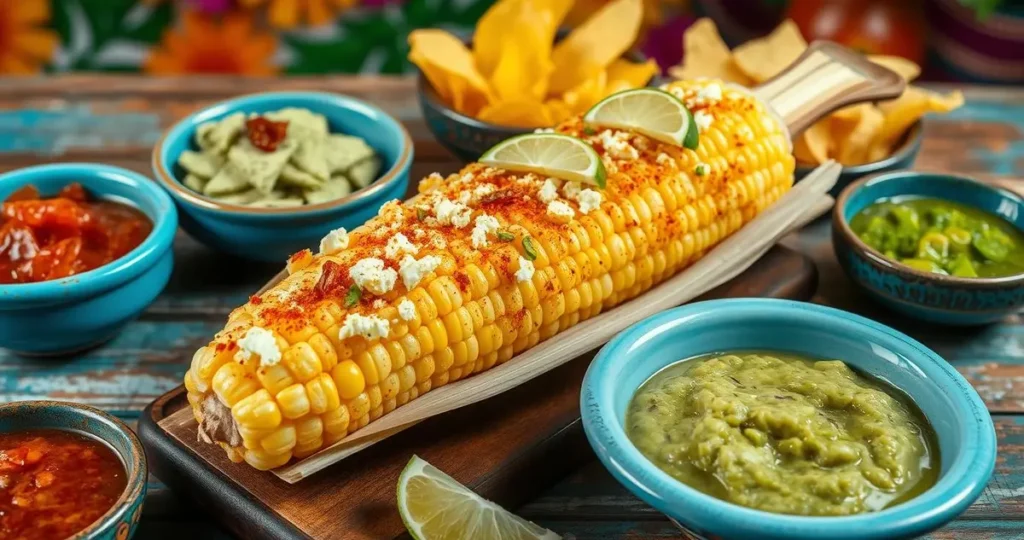 A vibrant and colorful arrangement of elote, garnished with crumbled cheese, chili powder, and lime wedges, surrounded by dishes of fresh guacamole, spicy salsa, and crispy tortilla chips, all set on a rustic wooden table with a festive background of bright Mexican decor.