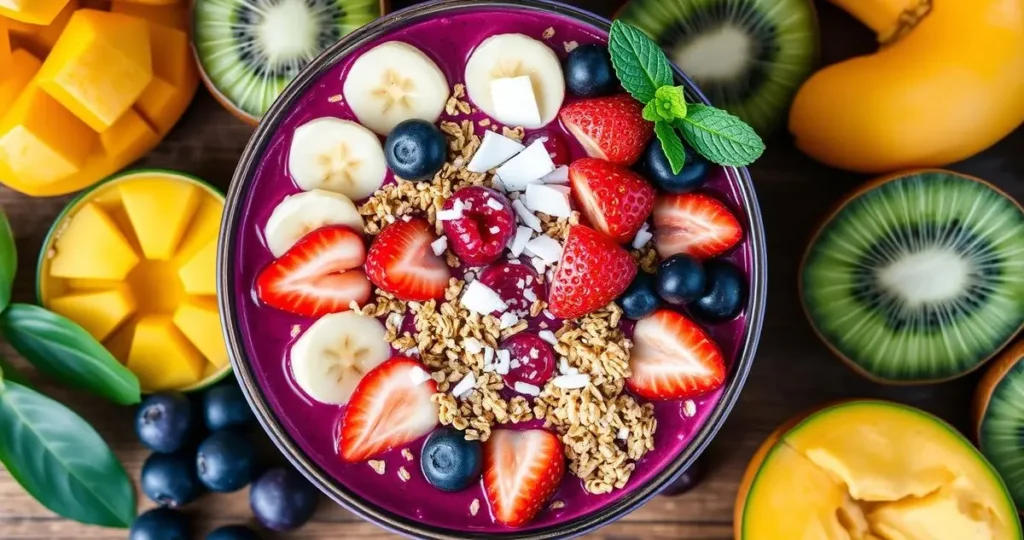 A vibrant acai bowl filled with a rich purple base of acai puree, topped with an assortment of fresh fruits like banana slices, strawberries, and blueberries, sprinkled with granola, chia seeds, and coconut flakes, surrounded by a colorful array of tropical ingredients like mango and kiwi, all set on a wooden table with natural lighting.