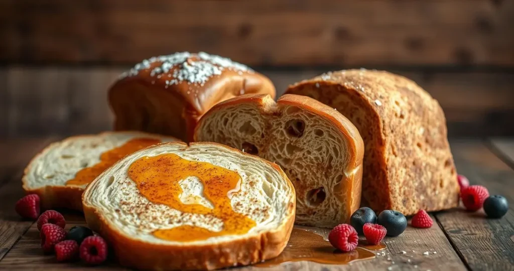 A vibrant display of different types of bread ideal for French toast, including thick slices of brioche, challah, sourdough, and cinnamon-raisin bread, arranged on a rustic wooden table; soft focus background with syrup drizzles and scattered berries, enhancing the deliciousness of each bread option.