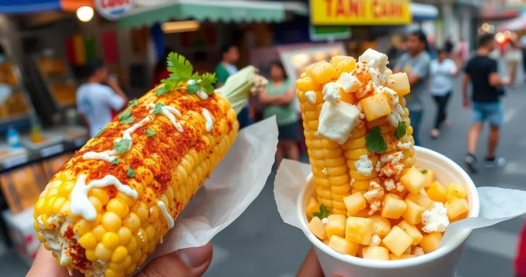 A vibrant street food scene featuring two distinct styles of corn: one side showcasing a traditional Mexican elote with corn on the cob, coated in mayo, cheese, chili powder, and lime, garnished with fresh cilantro; the other side depicting a simpler street corn dish served in a cup, with loose kernels, butter, cheese, and spices. The background filled with colorful food stalls and bustling street life, capturing the essence of street food culture.
