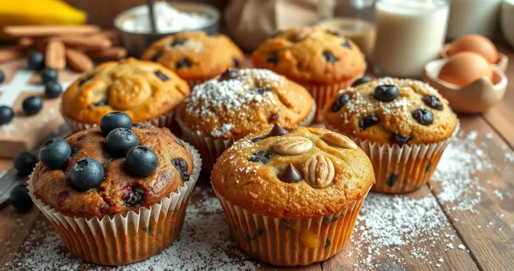 A close-up of a variety of moist muffins, showcasing different flavors like blueberry, chocolate chip, and banana nut, artfully arranged on a rustic wooden surface, with droplets of fresh fruit juice glistening on top and a light dusting of powdered sugar, surrounded by scattered ingredients like flour, eggs, and milk in a cozy kitchen setting.