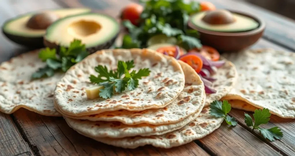 A close-up of a variety of keto-friendly tortillas displayed on a rustic wooden table, showcasing their textures and colors. Include almond flour, coconut flour, and cauliflower-based tortillas neatly arranged, with fresh ingredients like avocados, leafy greens, and sliced vegetables in the background for a vibrant contrast. Soft natural lighting enhances the scene, creating an inviting atmosphere.