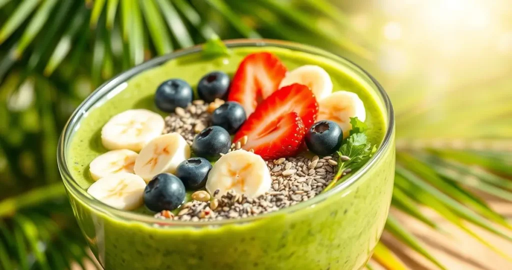 A vibrant and colorful smoothie bowl, filled with a blend of fresh green spinach and kale, topped with sliced fruits like bananas, strawberries, and blueberries, sprinkled with chia seeds and nuts. The background features a tropical setting with palm leaves and bright sunlight, emphasizing health and freshness.