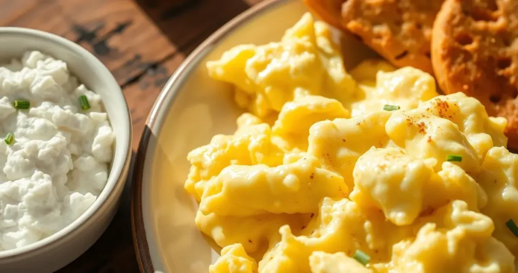 A beautifully arranged breakfast plate featuring fluffy scrambled eggs next to a bowl of cottage cheese, with a close-up focus on the texture of the eggs showing a slightly watery consistency. Bright natural lighting highlighting the creamy surfaces, garnished with chives and a sprinkle of pepper, set against a rustic wooden table background.