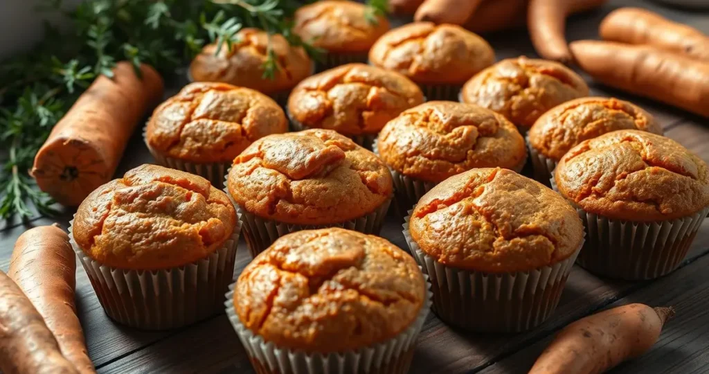 A close-up of freshly baked sweet potato muffins, golden brown tops with a slightly rough texture, arranged neatly on a rustic wooden table, surrounded by scattered sweet potatoes and a hint of green foliage for contrast, natural light illuminating the scene to enhance the warm colors.