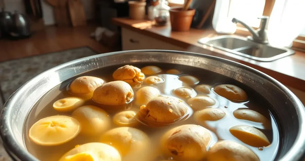 A rustic kitchen scene with a large bowl filled with peeled sweet potatoes soaking in water, sunlight streaming through a window, droplets reflecting light on the surface, wooden countertops, and kitchen utensils in the background.