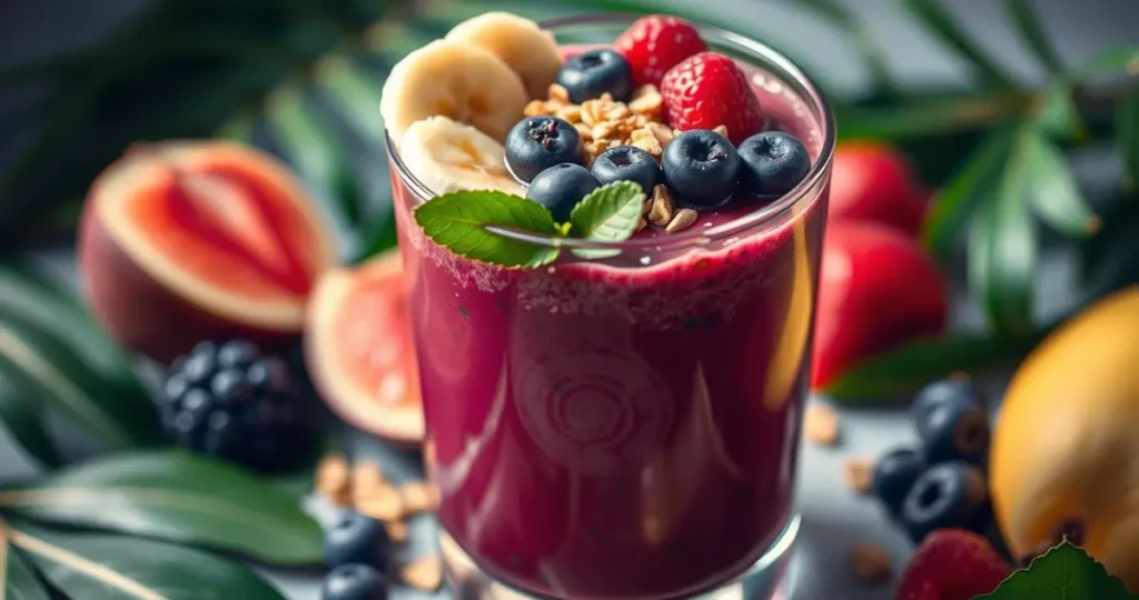 Vibrant acai berry smoothie in a clear glass, topped with fresh berries, banana slices, and a sprinkle of granola, surrounded by tropical leaves and fruits, soft lighting illuminating the colorful ingredients.