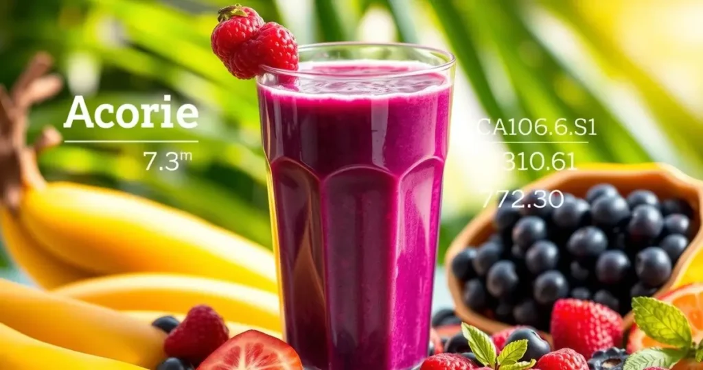 A vibrant acai berry smoothie in a clear glass, overflowing with rich purple hues, surrounded by fresh berries and tropical fruits, calorie information stylishly displayed around the glass, bright and refreshing background with tropical leaves and sunlight.