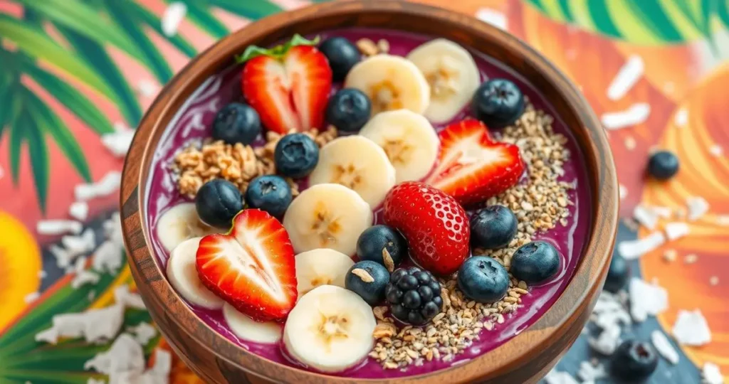 A vibrant acai bowl filled with rich purple acai puree, topped with fresh sliced bananas, blueberries, strawberries, and a sprinkle of granola, surrounded by coconut flakes and chia seeds, all presented in a rustic wooden bowl on a colorful tropical background.