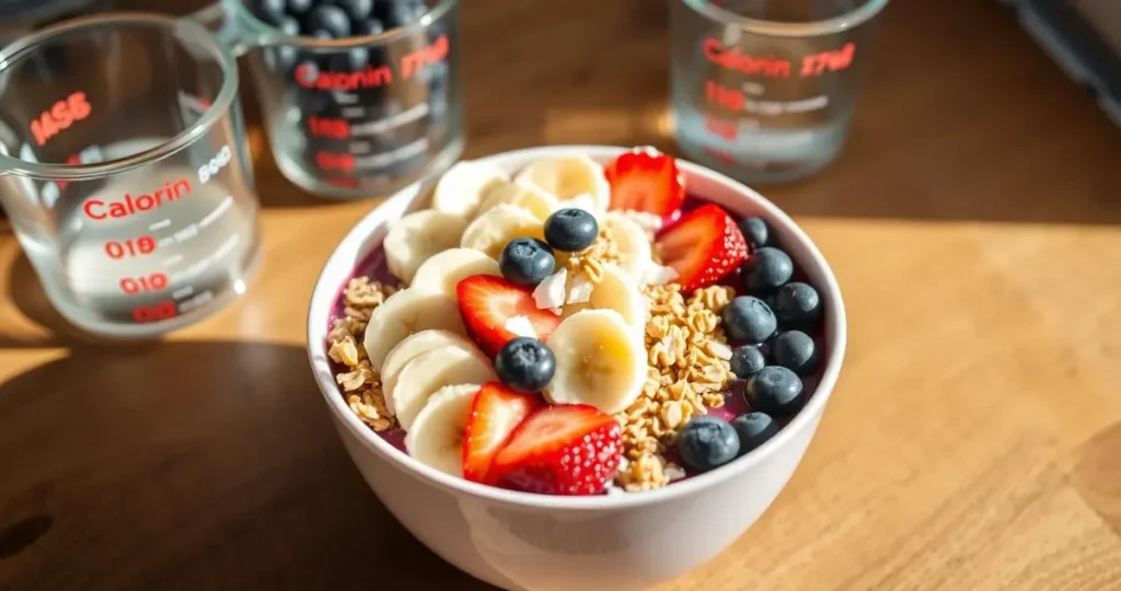 A vibrant and colorful acai bowl topped with an assortment of fresh fruits like bananas, strawberries, and blueberries, sprinkled with granola and coconut flakes, surrounded by measuring cups displaying caloric values, on a wooden table in natural light.