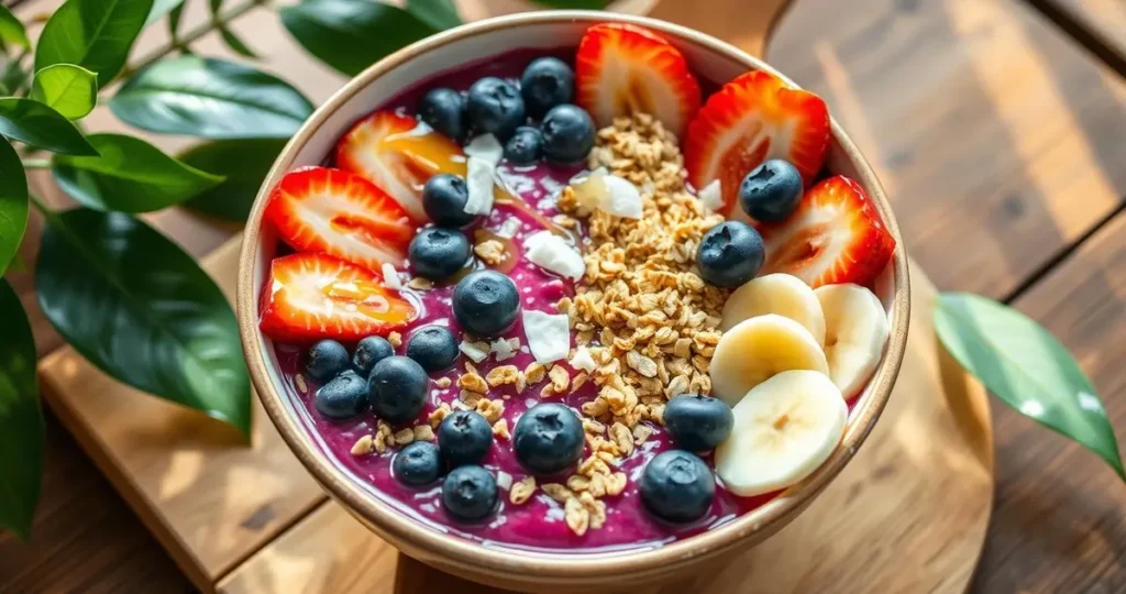 A vibrant and colorful acai bowl filled with a rich purple base, topped with a variety of fresh fruits like sliced bananas, strawberries, and blueberries, drizzled with honey, sprinkled with granola, and coconut flakes, all arranged beautifully in a stylish ceramic bowl on a wooden table, surrounded by green leaves and natural light.