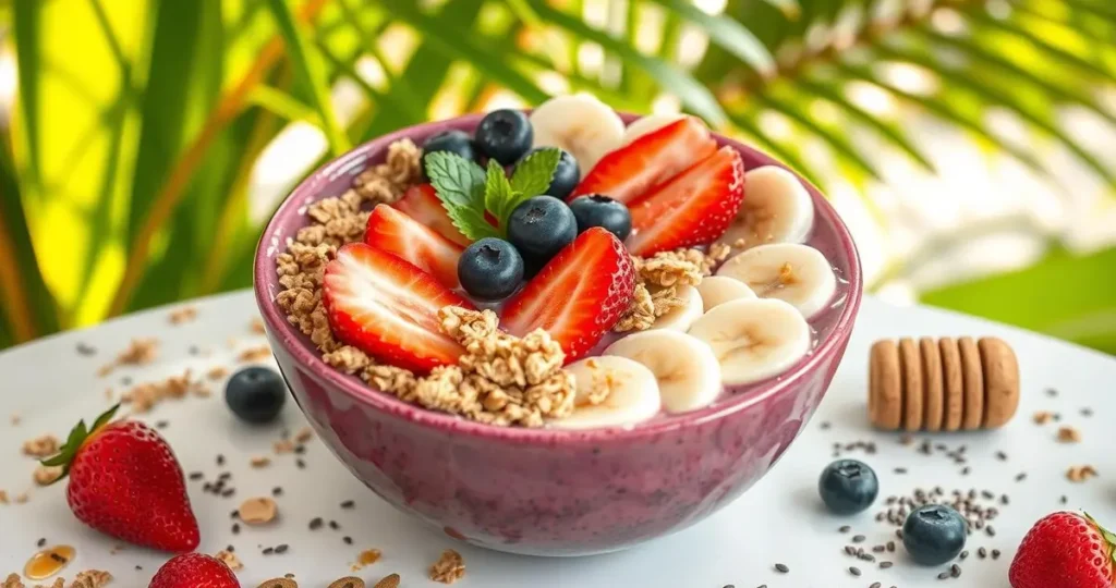 A vibrant and colorful acai bowl filled with creamy acai puree, topped with sliced bananas, fresh strawberries, blueberries, and crunchy granola. Surrounding the bowl are scattered chia seeds, shredded coconut, and a drizzle of honey, set against a bright, tropical background with green leaves and sunlight filtering through.