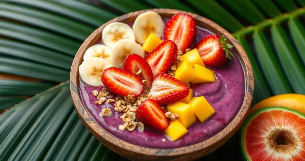 A vibrant acai bowl filled with creamy purple acai puree, topped with an array of colorful tropical fruits like sliced bananas, fresh mango, and bright strawberries, sprinkled with granola and a drizzle of honey, served in a rustic wooden bowl on a tropical leaf background.