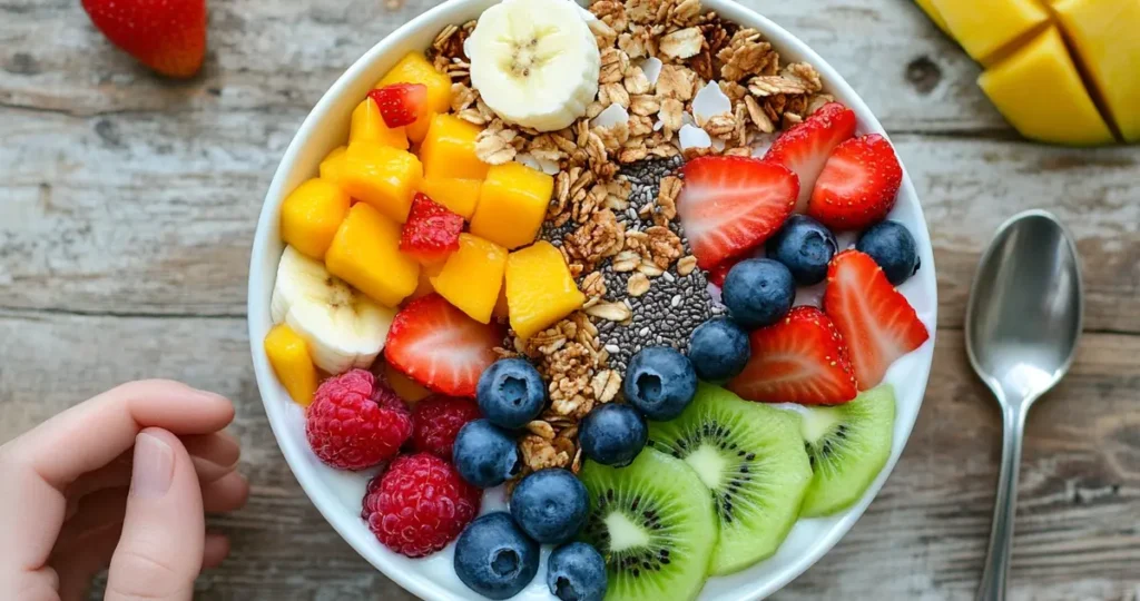 An acai bowl from Tropical Smoothie, featuring frozen acai berries topped with granola, banana slices, strawberries, blueberries, chia seeds, and coconut flakes. The vibrant colors of the fresh fruits and toppings create an inviting and healthy breakfast or snack.