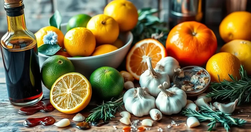 A vibrant arrangement of various acidic ingredients used for cooking beef, including fresh lemons, limes, and oranges in a bowl; a bottle of balsamic vinegar with rich color; scattered red wine and apple cider vinegar droplets; chopped garlic cloves and fresh herbs like rosemary and thyme; all set on a rustic wooden kitchen countertop with warm, natural lighting.