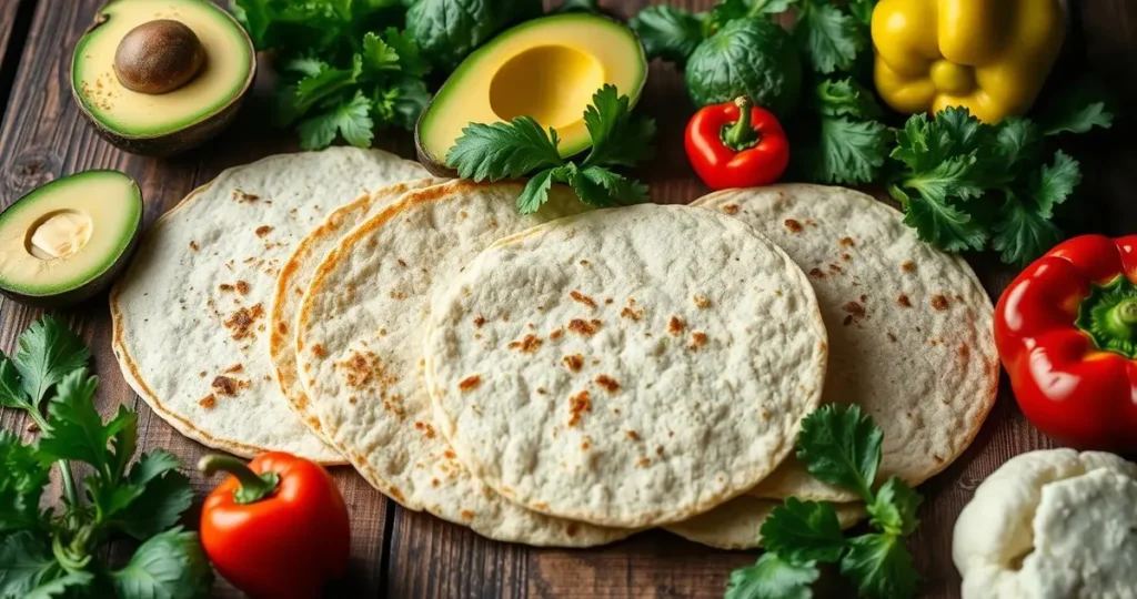 A colorful arrangement of various keto-friendly tortillas, including almond flour tortillas, coconut flour tortillas, and cauliflower tortillas, displayed on a rustic wooden table. Surrounding the tortillas are fresh ingredients like avocados, leafy greens, and vibrant peppers, all under soft, natural lighting that enhances their textures and colors.