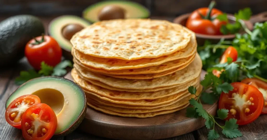 A stack of warm, golden-brown corn tortillas on a rustic wooden table, surrounded by colorful fresh vegetables like avocados, tomatoes, and cilantro, with a soft natural light illuminating the scene, emphasizing the texture of the tortillas and the vibrant colors of the ingredients.