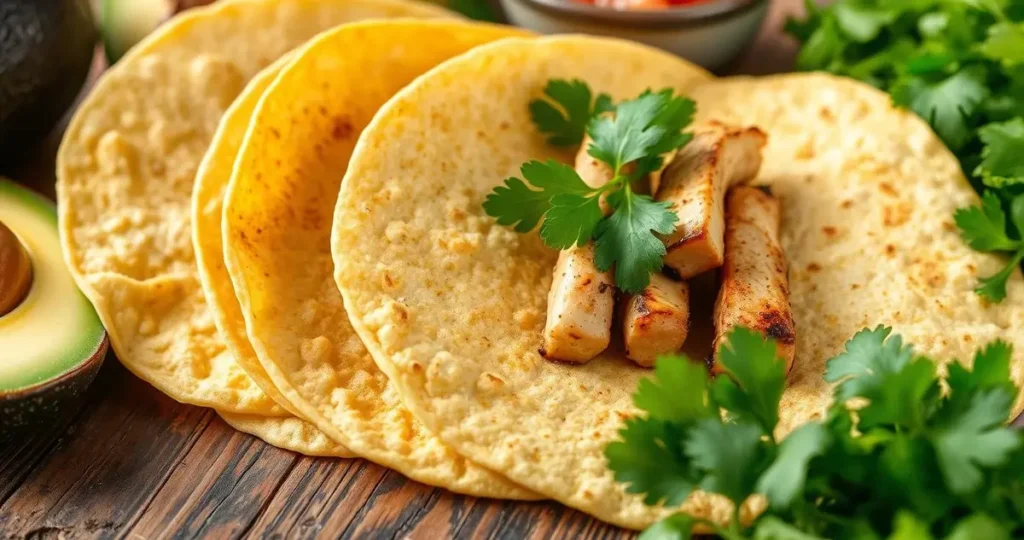 A close-up of freshly made corn tortillas arranged on a rustic wooden table, surrounded by vibrant keto-friendly ingredients like avocado, cilantro, lime, and grilled chicken. The tortillas are golden and soft, with a textured surface, showcasing their deliciousness. In the background, a subtle hint of a colorful salsa in a small bowl adds a pop of color, evoking a healthy and appetizing atmosphere.