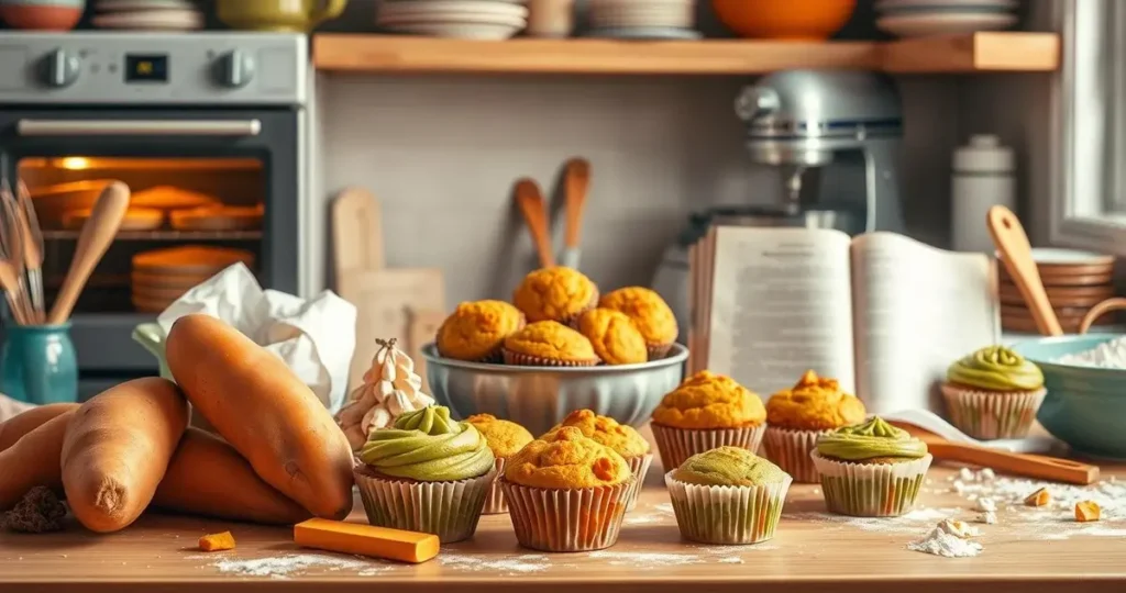 A whimsical kitchen scene featuring a countertop cluttered with vibrant ingredients for sweet potato muffins, including orange sweet potatoes, green muffin batter, baking tools, and a puzzled cookbook. The backdrop shows an oven with a light glowing inside, mixing bowls, and scattered flour, all depicted in soft, warm colors that evoke the cozy atmosphere of baking with hints of green confusion in the muffins.food chemistry, you can swap out ingredients wisely. This helps you understand how different parts work together in your recipe.