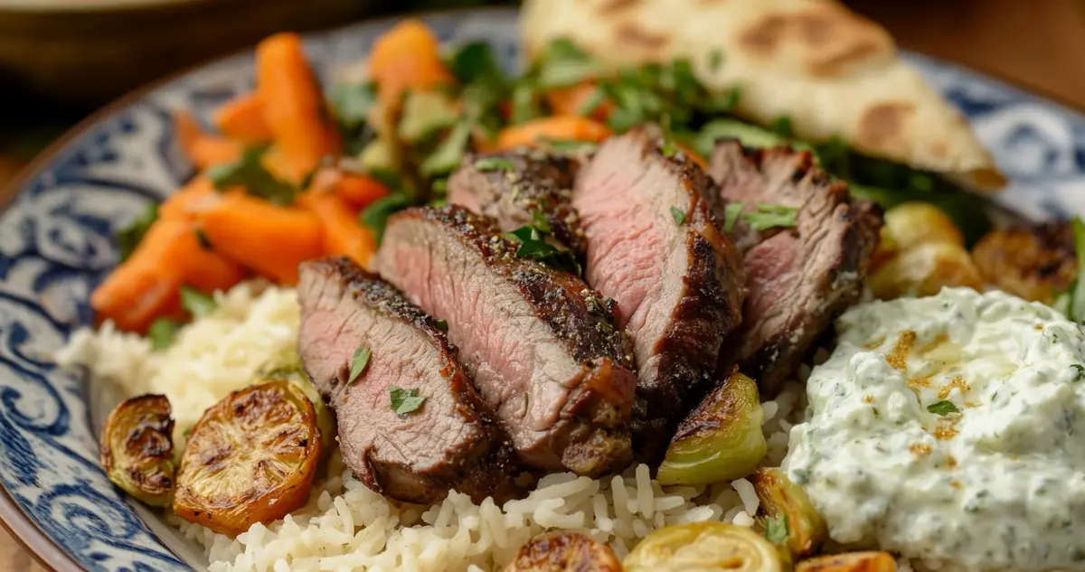 A delicious plate of lamb over rice served with a variety of colorful sides: a refreshing green salad, roasted vegetables, creamy tzatziki sauce, and soft naan bread, set against a warm, elegant dining backdrop.