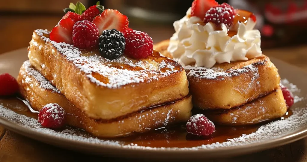 A comparison of sourdough and brioche French toast: one plate with crispy sourdough topped with berries and syrup, the other with rich brioche French toast drizzled with glaze and whipped cream.