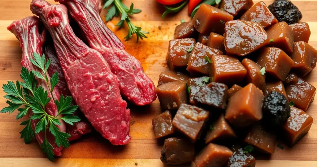 A close-up image showcasing two distinct types of meat on a wooden cutting board: one side with tender, marbled beef tips, glistening with a rich, deep red color and small flecks of fat, and the other side featuring stew meat, cubed and slightly leaner with a darker hue, surrounded by fresh herbs and vegetables, highlighting the textures and cuts distinctly.