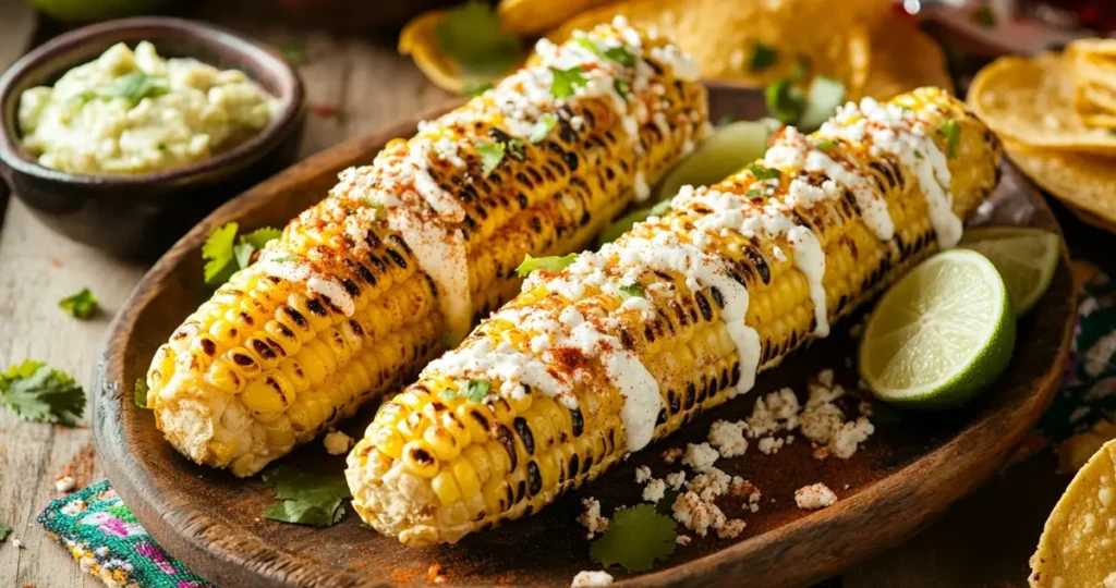 Delicious Mexican elote served with complementary foods like tacos, guacamole, salsa, and Mexican soda on a rustic wooden table.