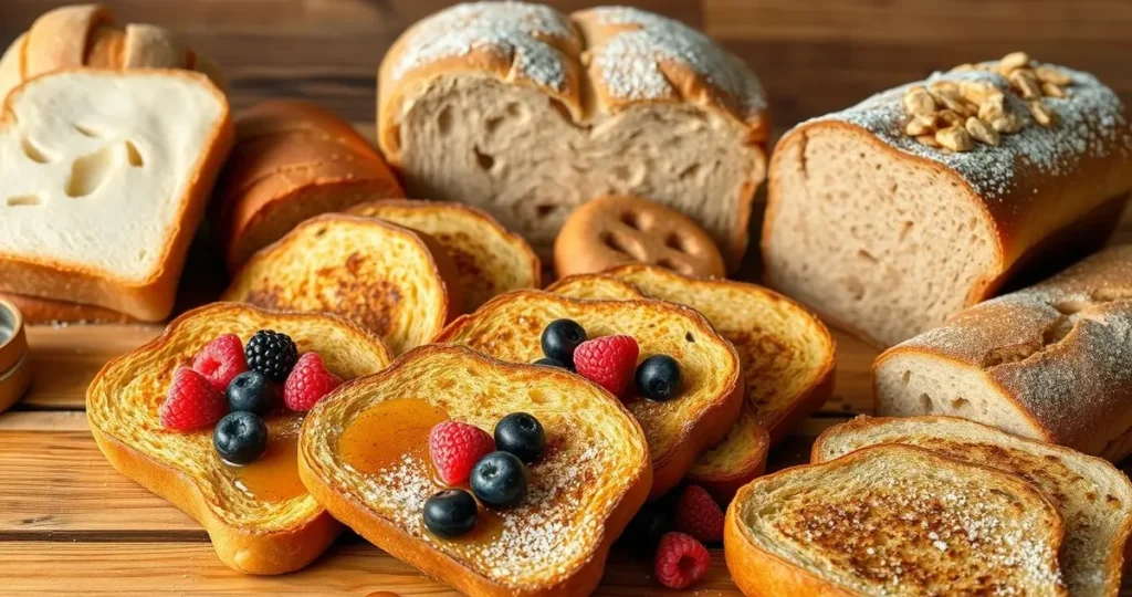 A beautifully arranged selection of various types of bread ideal for making French toast, featuring thick slices of brioche, hearty sourdough, fluffy challah, dense whole grain, and soft cinnamon raisin bread. The scene is set on a rustic wooden table, with a warm, inviting atmosphere, showcasing golden-brown French toast with toppings like fresh berries, maple syrup, and a dusting of powdered sugar.